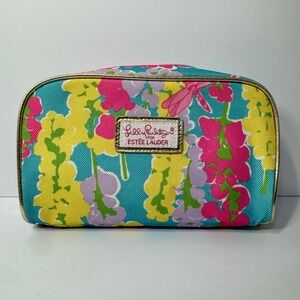 Lilly Pulitzer for Estee Lauder Floral Dragonfly Makeup Bag Teal Pink Gold Trim